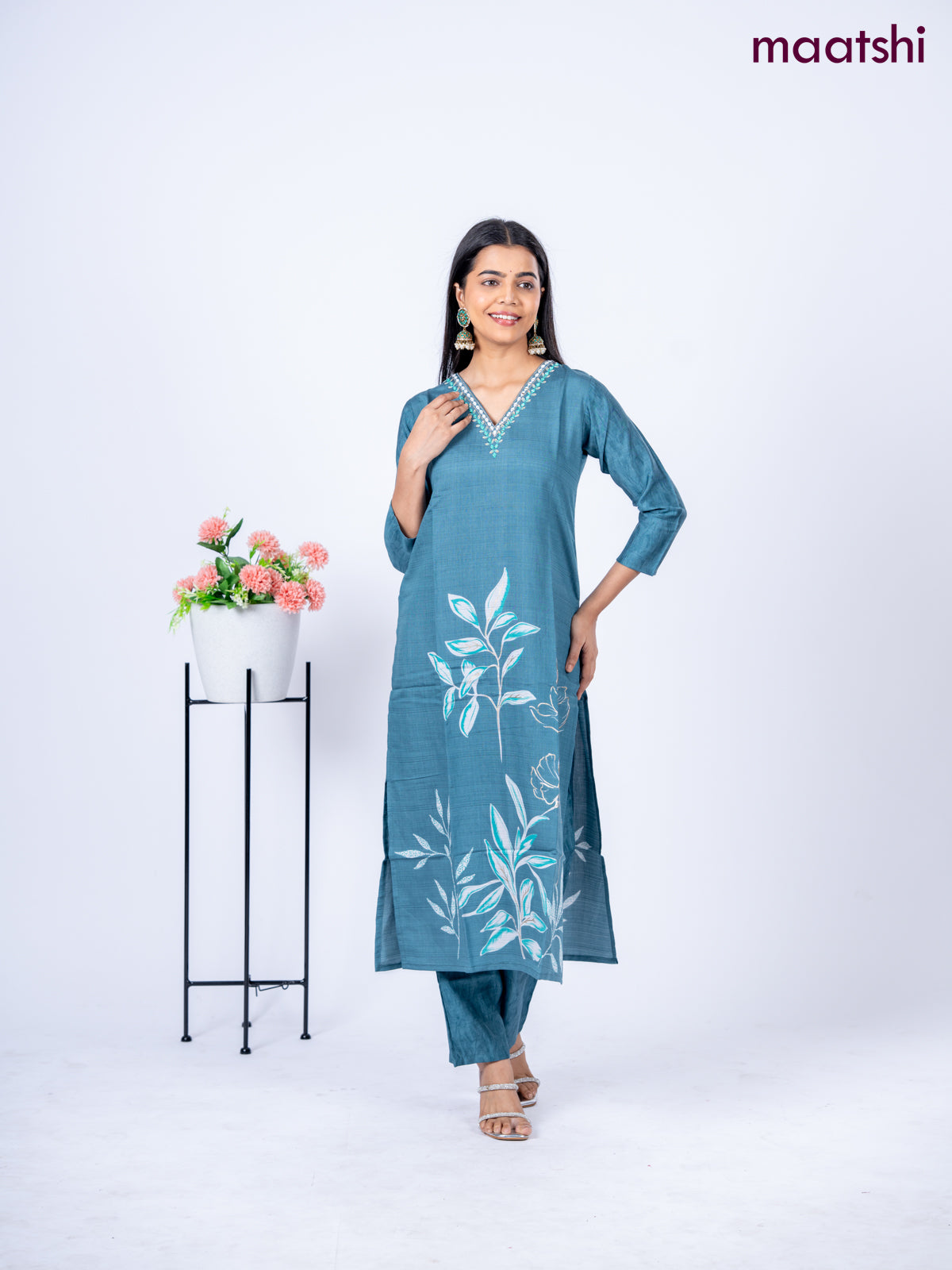 Rayon kurti set peacock blue shade with floral prints & embroidery mirror work v neck pattern and straight cut pant