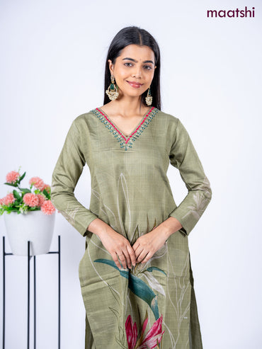 Rayon kurti set green with prints & embroidery mirror work v neck pattern and straight cut pant