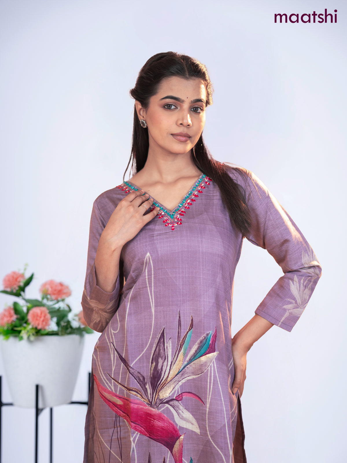 Rayon kurti set pastel purple with prints & embroidery mirror work v neck pattern and straight cut pant