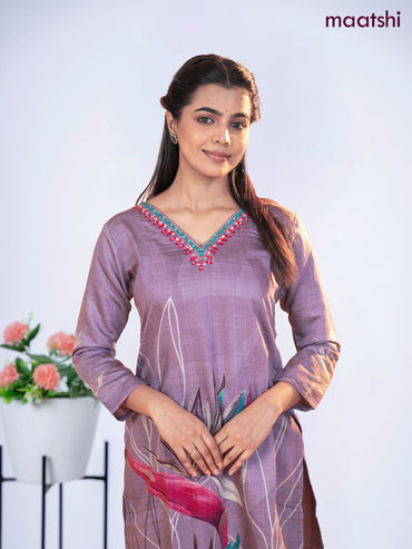 Rayon kurti set pastel purple with prints & embroidery mirror work v neck pattern and straight cut pant