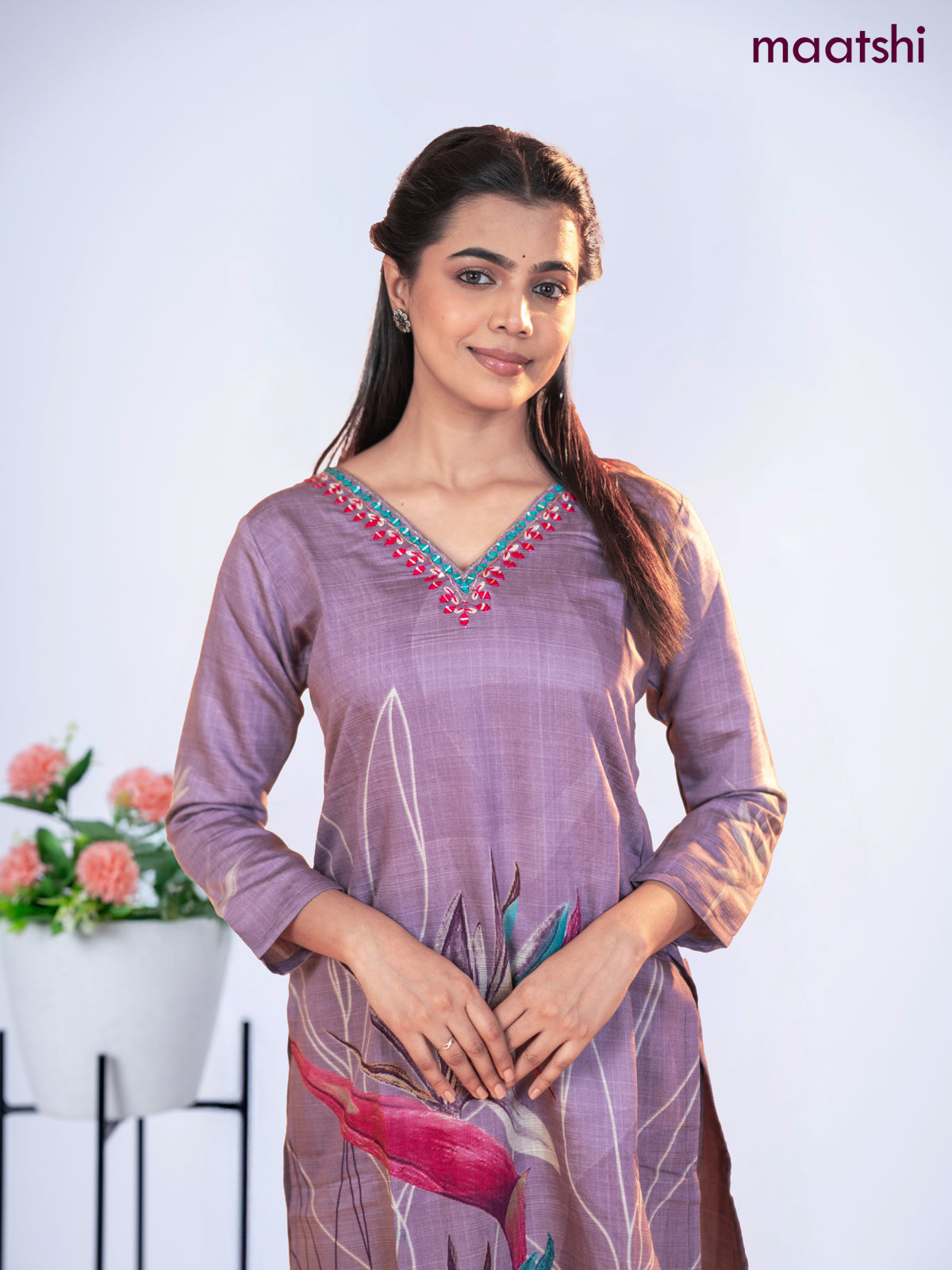 Rayon kurti set pastel purple with prints & embroidery mirror work v neck pattern and straight cut pant