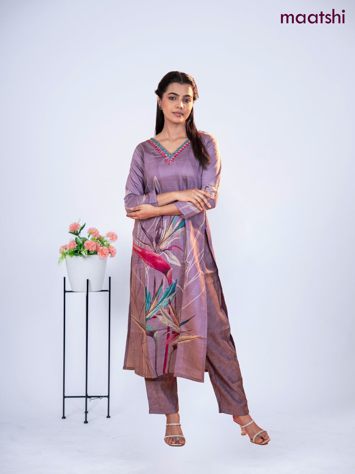 Rayon kurti set pastel purple with prints & embroidery mirror work v neck pattern and straight cut pant