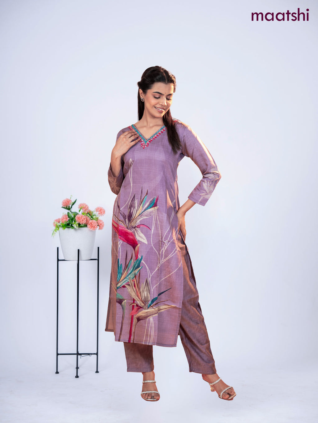 Rayon kurti set pastel purple with prints & embroidery mirror work v neck pattern and straight cut pant