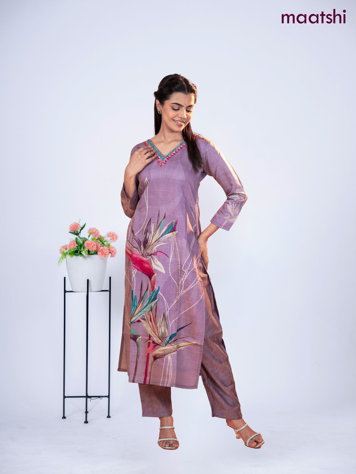 Rayon kurti set pastel purple with prints & embroidery mirror work v neck pattern and straight cut pant