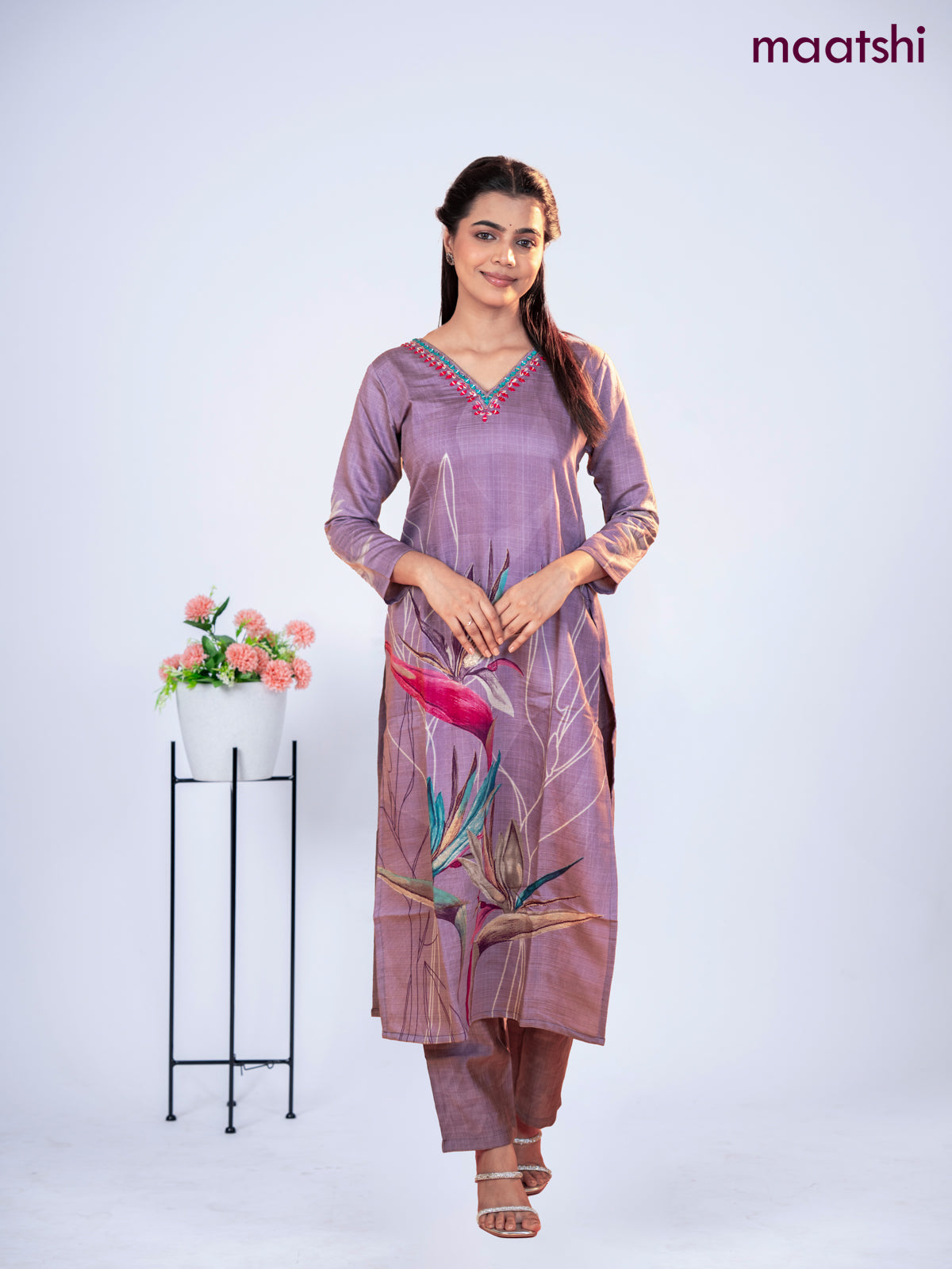 Rayon kurti set pastel purple with prints & embroidery mirror work v neck pattern and straight cut pant