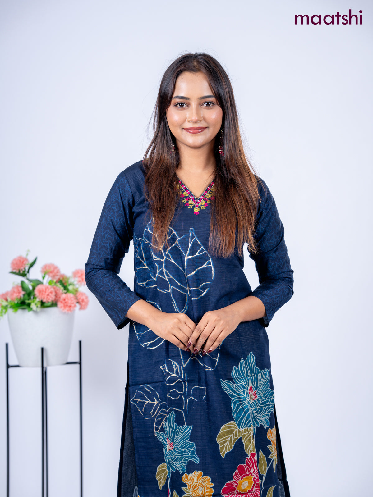 Rayon kurti set navy blue with floral prints & embroidery mirror work v neck pattern and straight cut pant