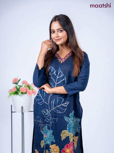 Rayon kurti set navy blue with floral prints & embroidery mirror work v neck pattern and straight cut pant