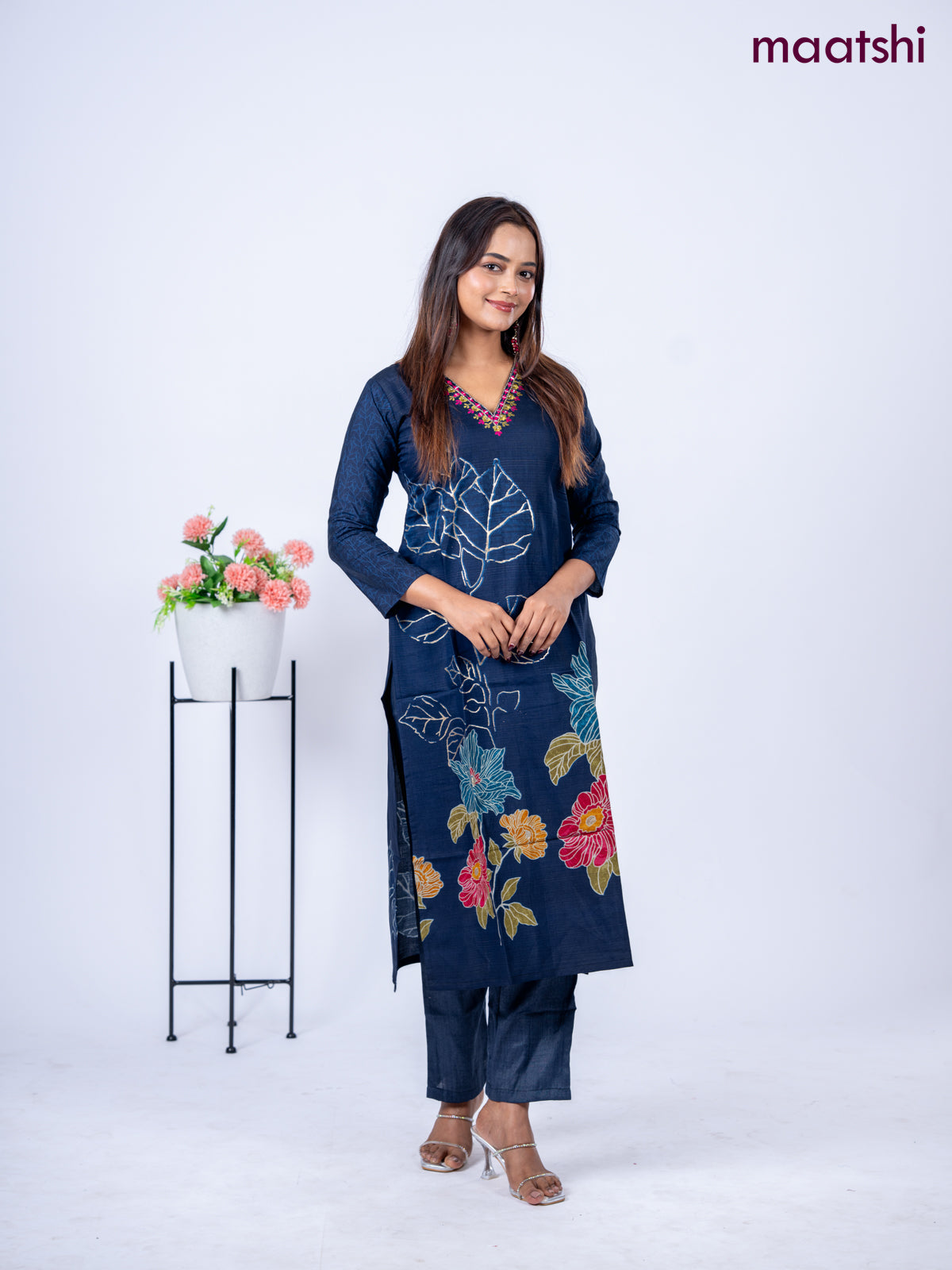 Rayon kurti set navy blue with floral prints & embroidery mirror work v neck pattern and straight cut pant