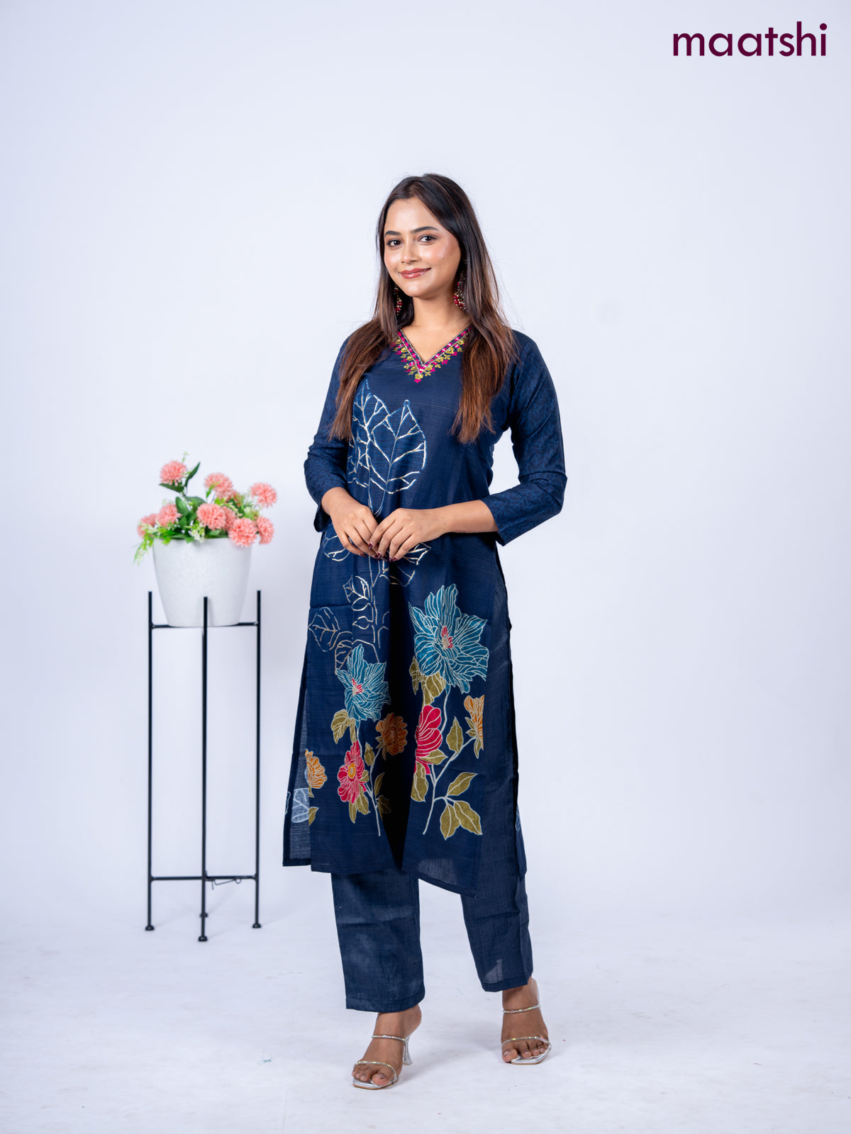 Rayon kurti set navy blue with floral prints & embroidery mirror work v neck pattern and straight cut pant
