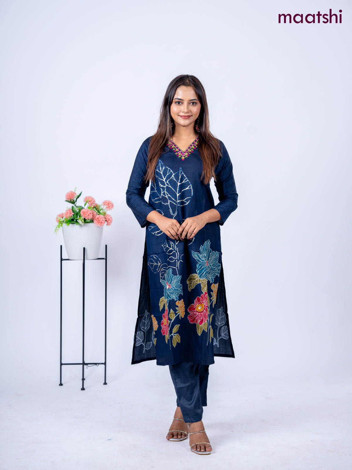 Rayon kurti set navy blue with floral prints & embroidery mirror work v neck pattern and straight cut pant