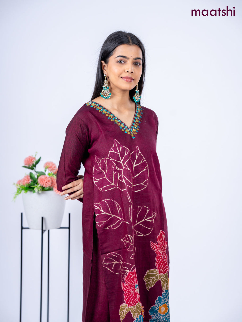 Rayon kurti set maroon with floral prints & embroidery mirror work v neck pattern and straight cut pant