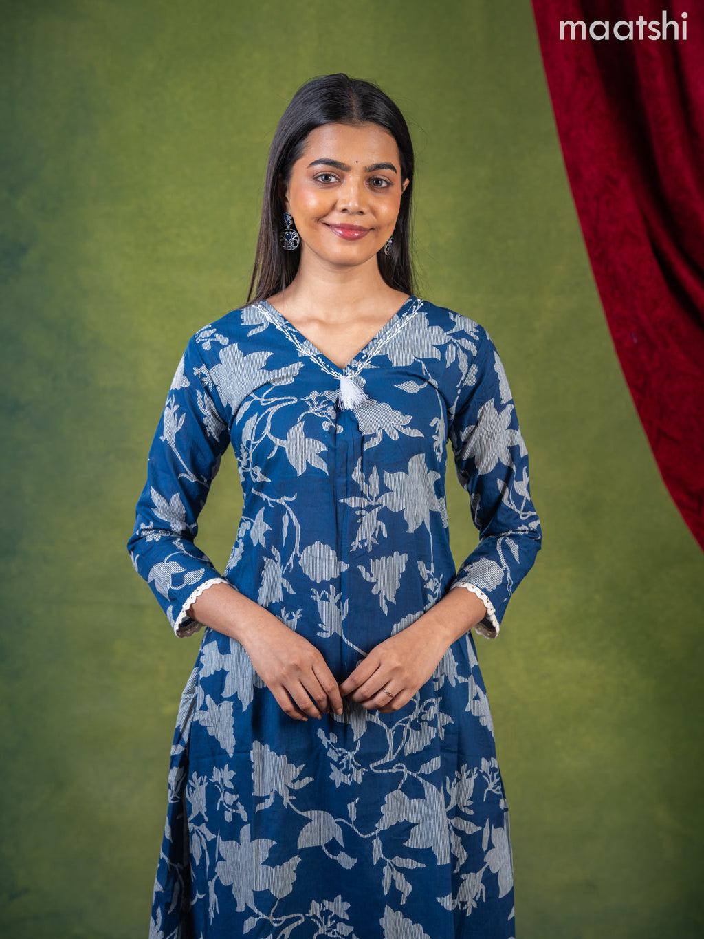 Anarkali cotton kurti set blue with allover prints & beaded embroidery work v neck pattern and straight cut pant