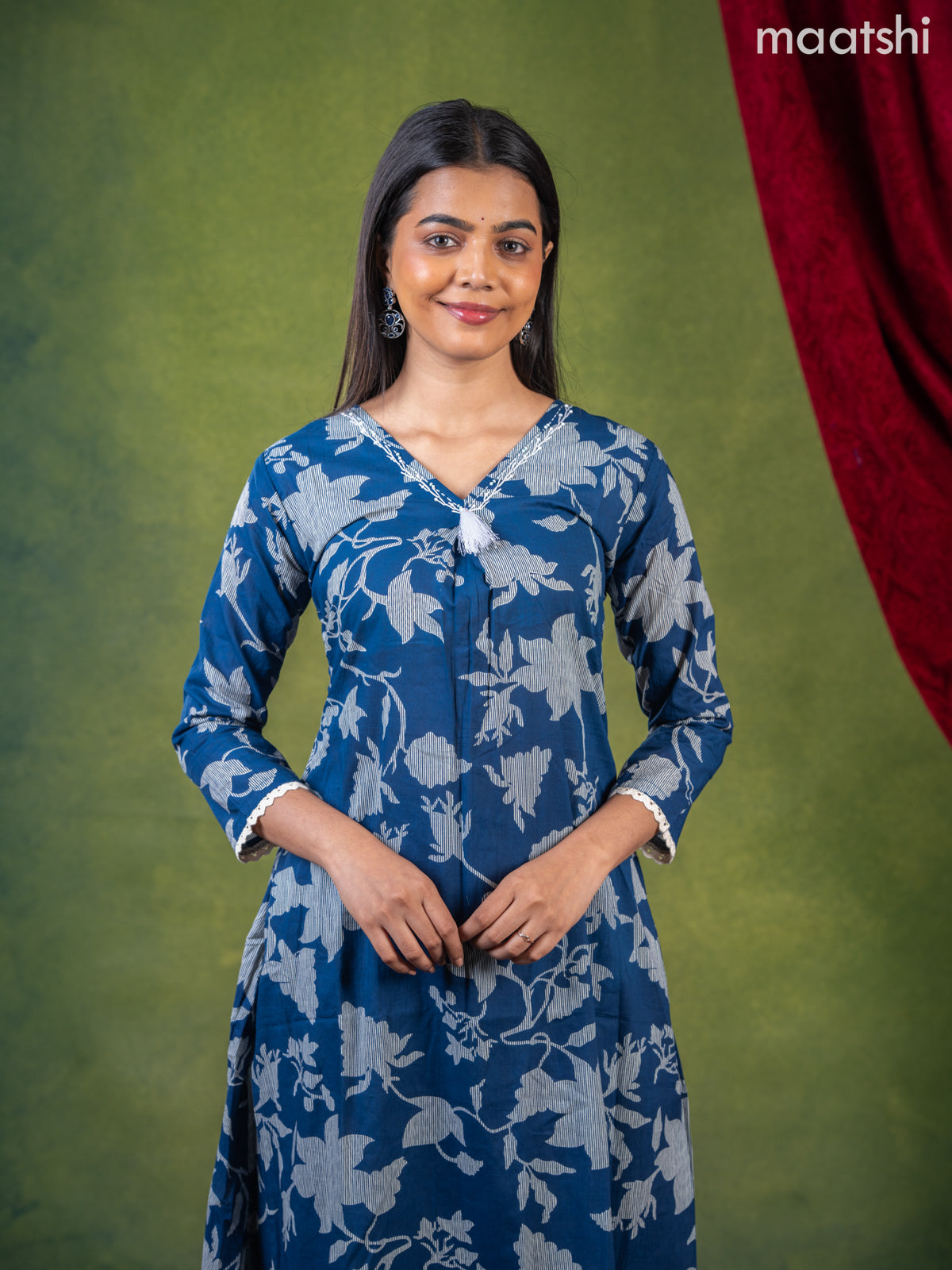 Anarkali cotton kurti set blue with allover prints & beaded embroidery work v neck pattern and straight cut pant
