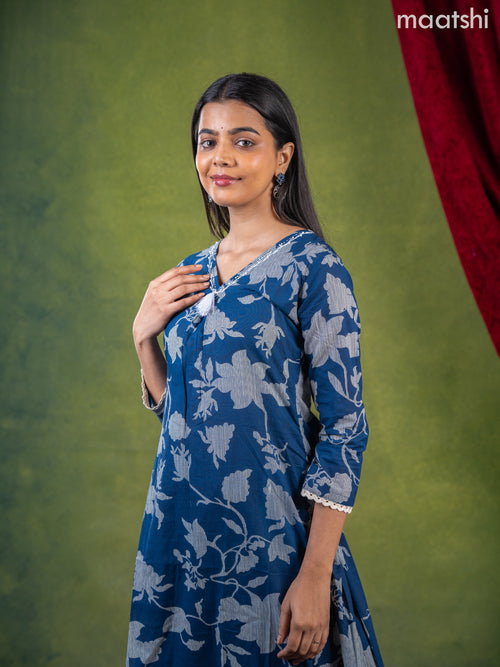 Anarkali cotton kurti set blue with allover prints & beaded embroidery work v neck pattern and straight cut pant