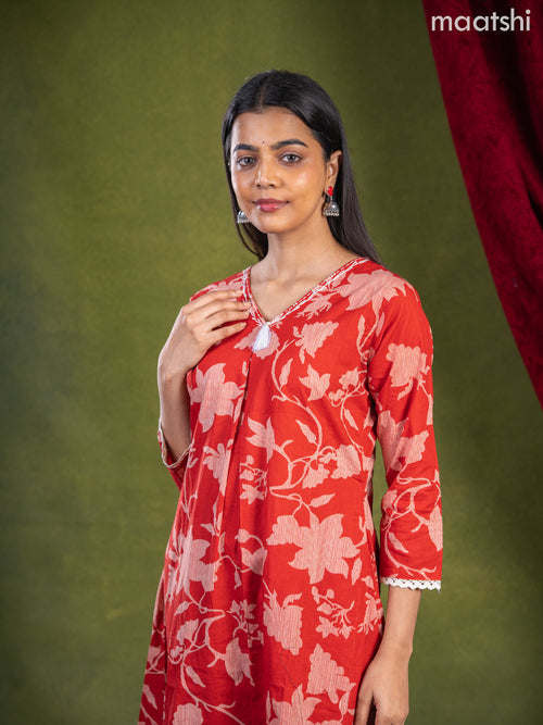 Anarkali cotton kurti set red with allover prints & beaded embroidery work v neck pattern and straight cut pant