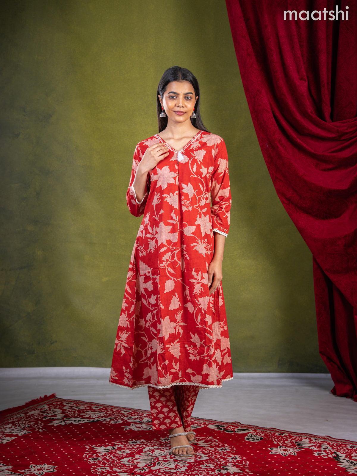 Anarkali cotton kurti set red with allover prints & beaded embroidery work v neck pattern and straight cut pant