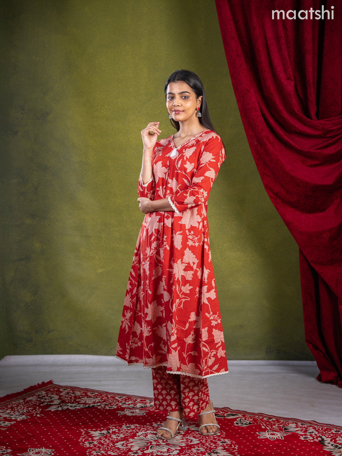 Anarkali cotton kurti set red with allover prints & beaded embroidery work v neck pattern and straight cut pant