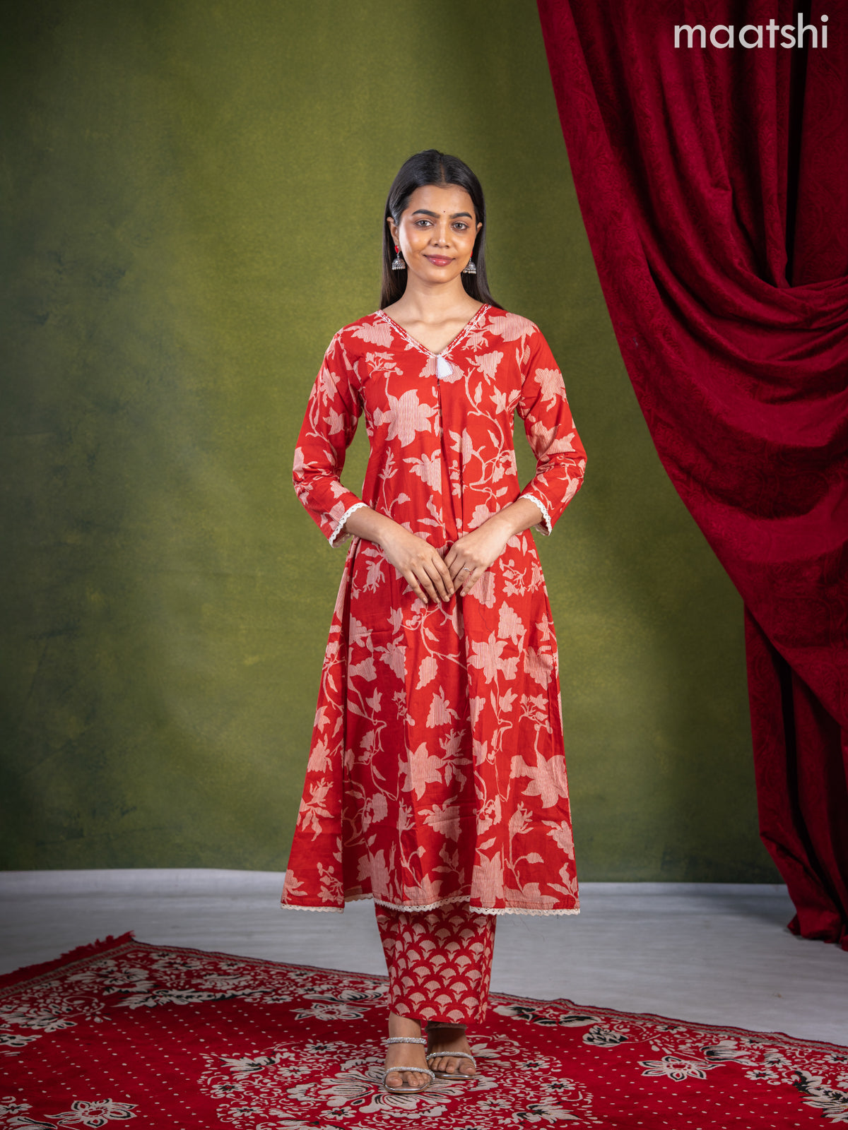 Anarkali cotton kurti set red with allover prints & beaded embroidery work v neck pattern and straight cut pant