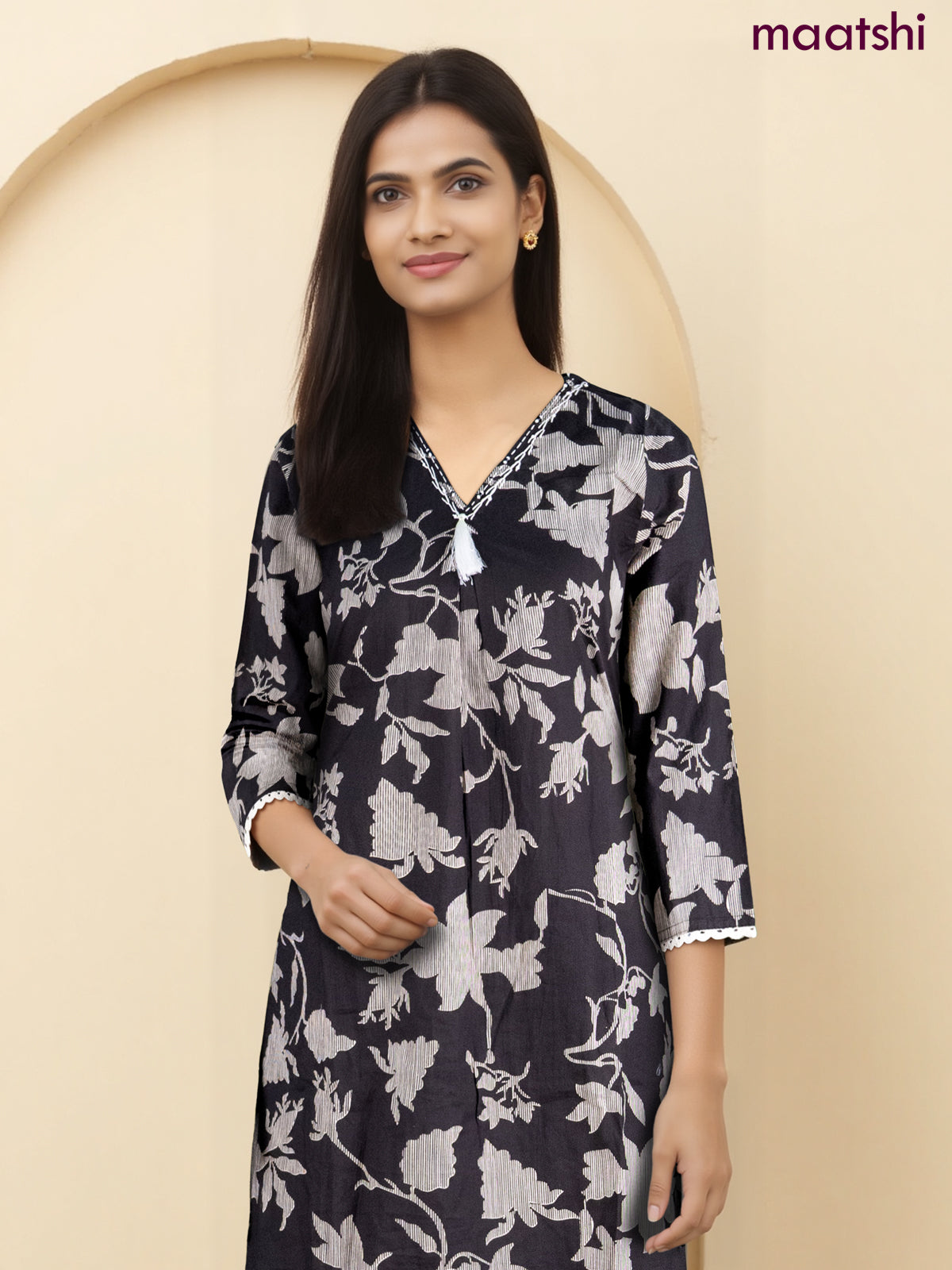 Anarkali cotton kurti set black with allover prints & beaded embroidery work v neck pattern and straight cut pant