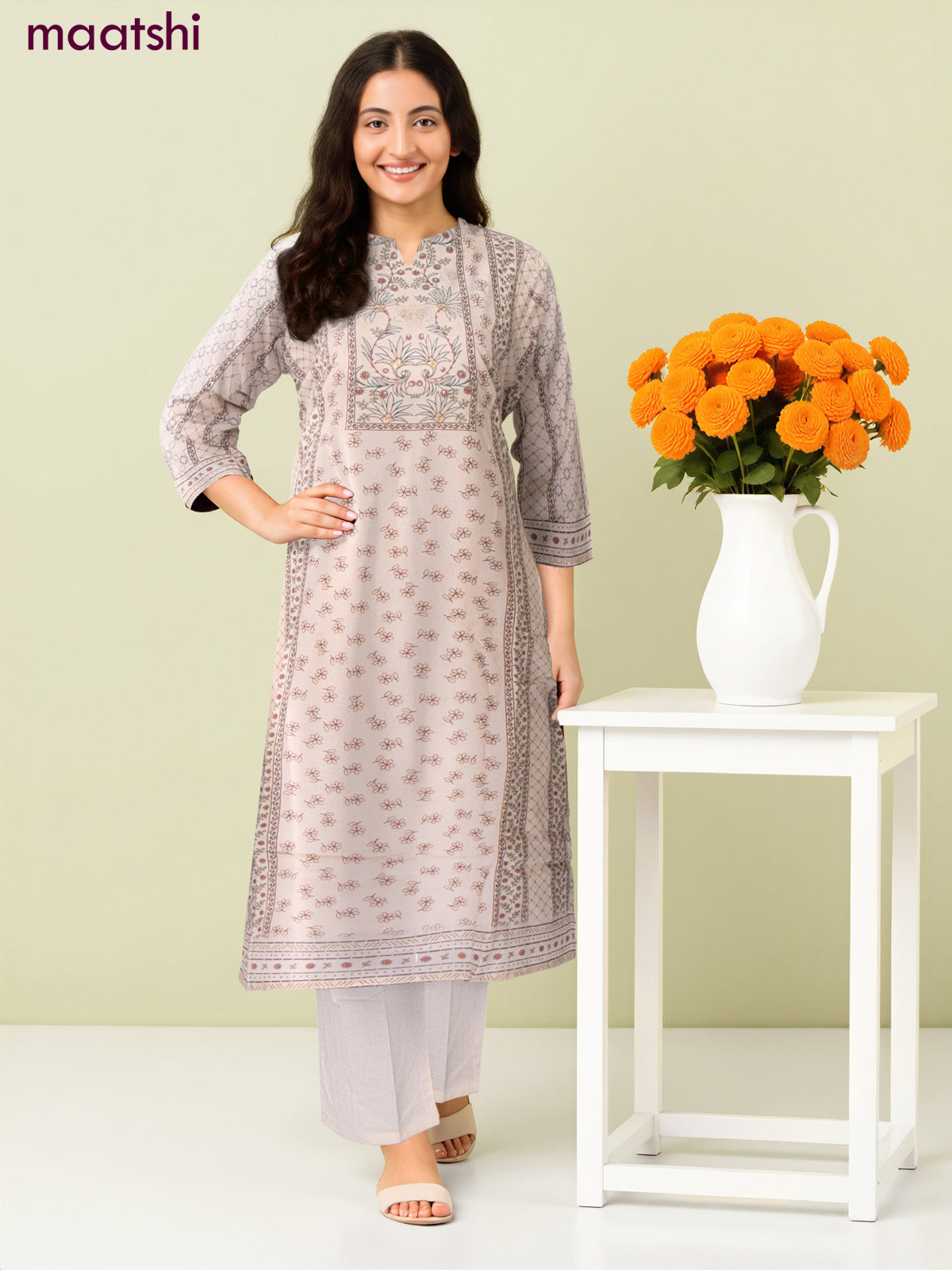 Cotton salwar suit beige with allover prints & beaded sequin work neck pattern and straight cut pant & dupatta