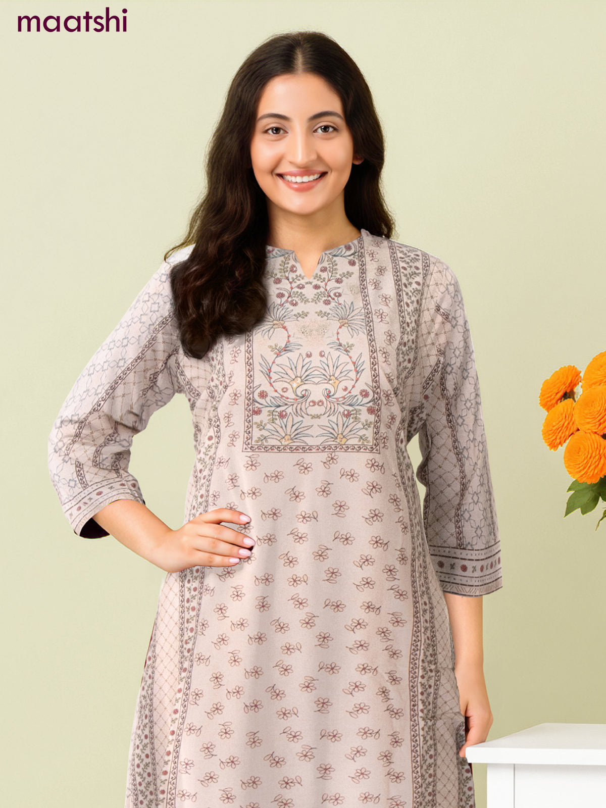 Cotton salwar suit beige with allover prints & beaded sequin work neck pattern and straight cut pant & dupatta