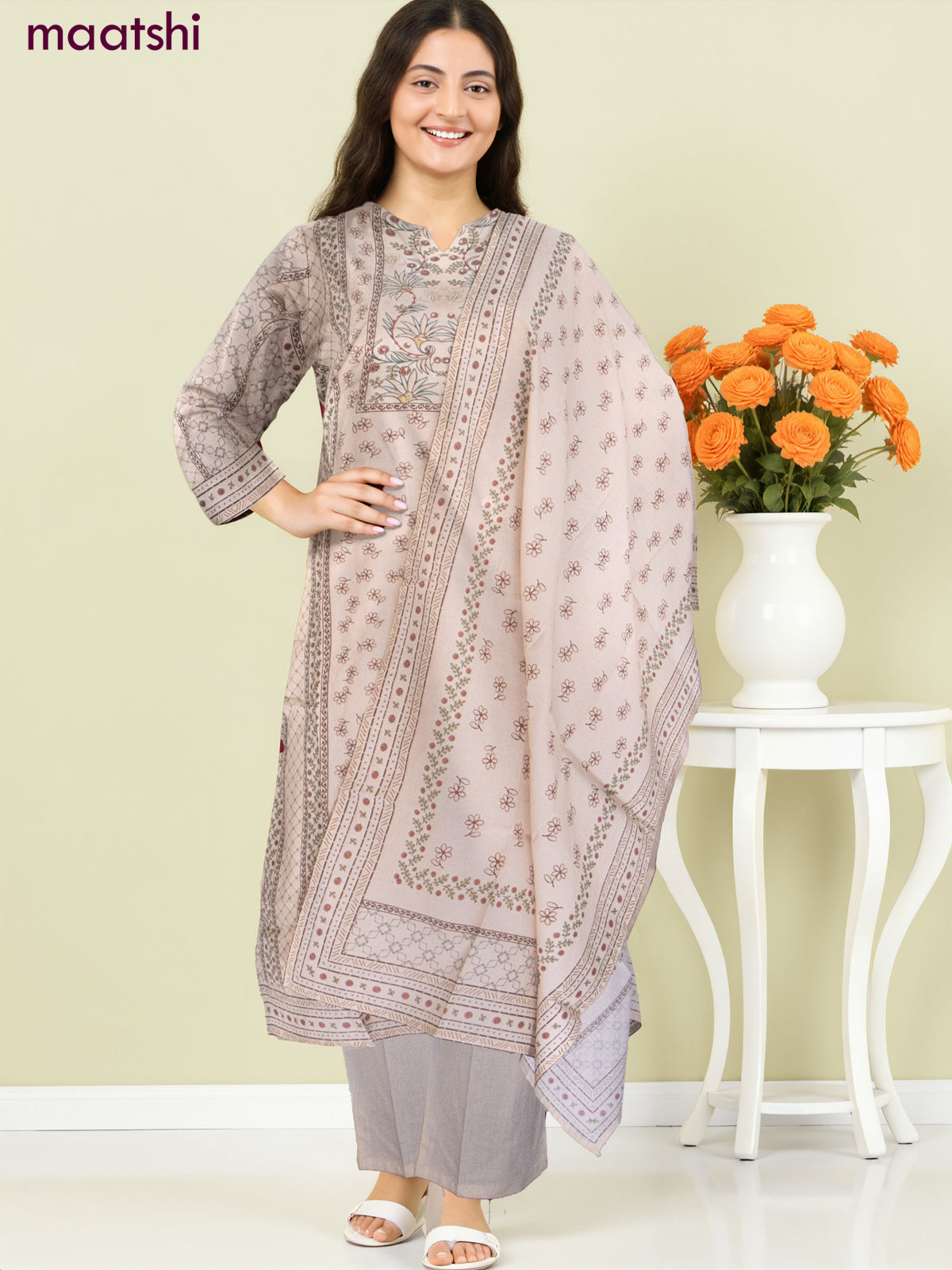 Cotton salwar suit beige with allover prints & beaded sequin work neck pattern and straight cut pant & dupatta