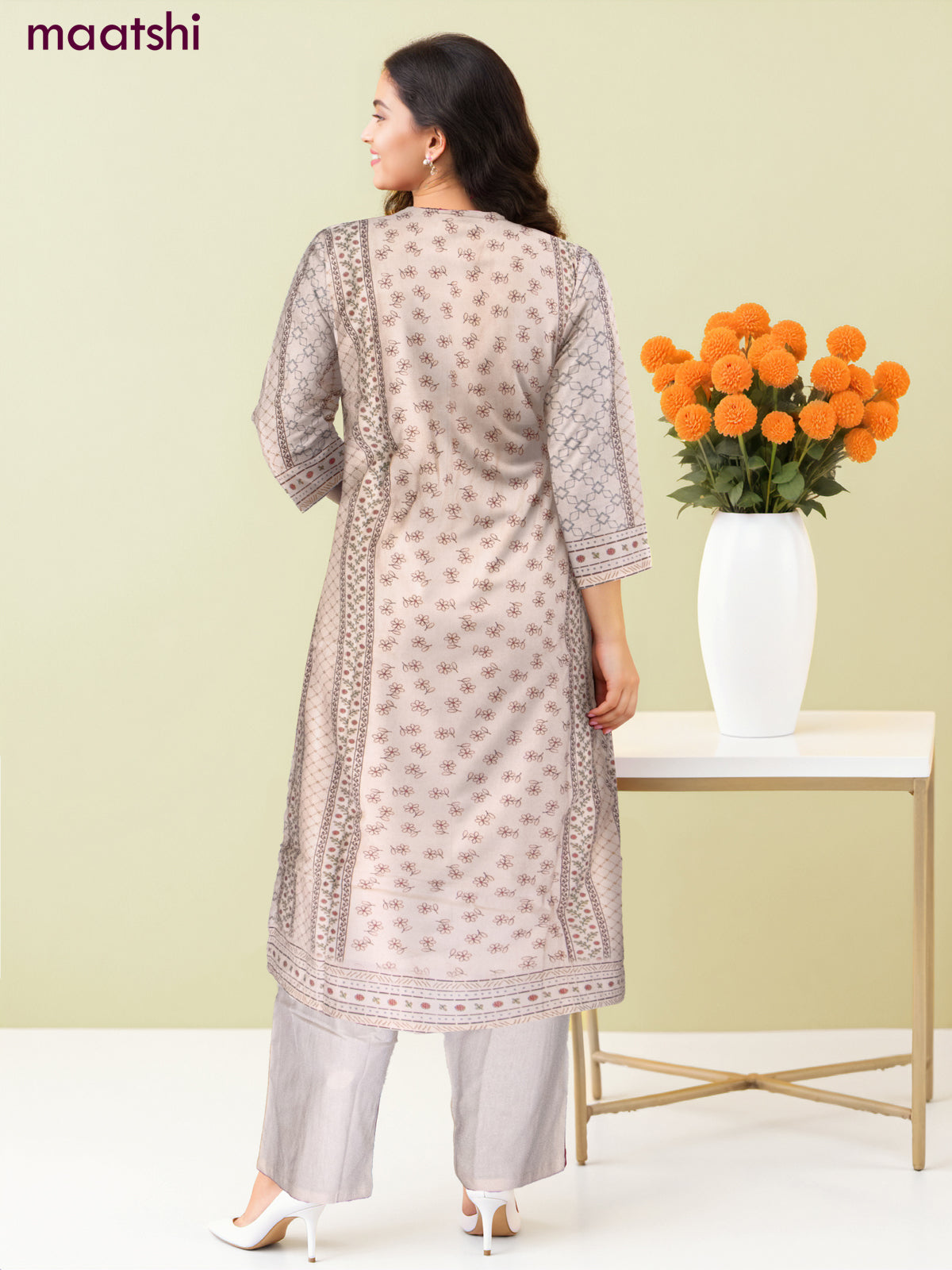 Cotton salwar suit beige with allover prints & beaded sequin work neck pattern and straight cut pant & dupatta