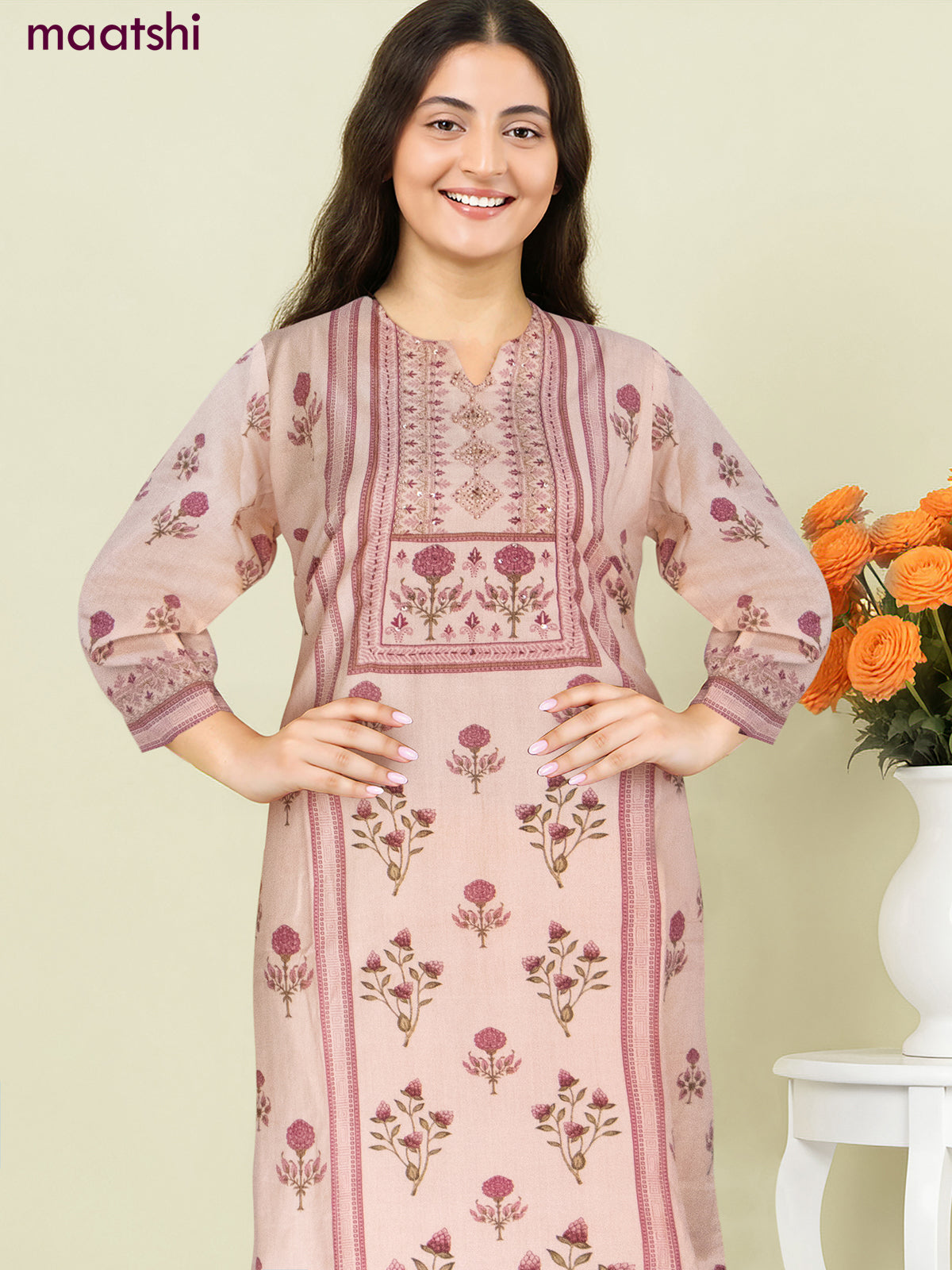 Cotton salwar suit peach shade with allover prints & beaded sequin work neck pattern and straight cut pant & dupatta
