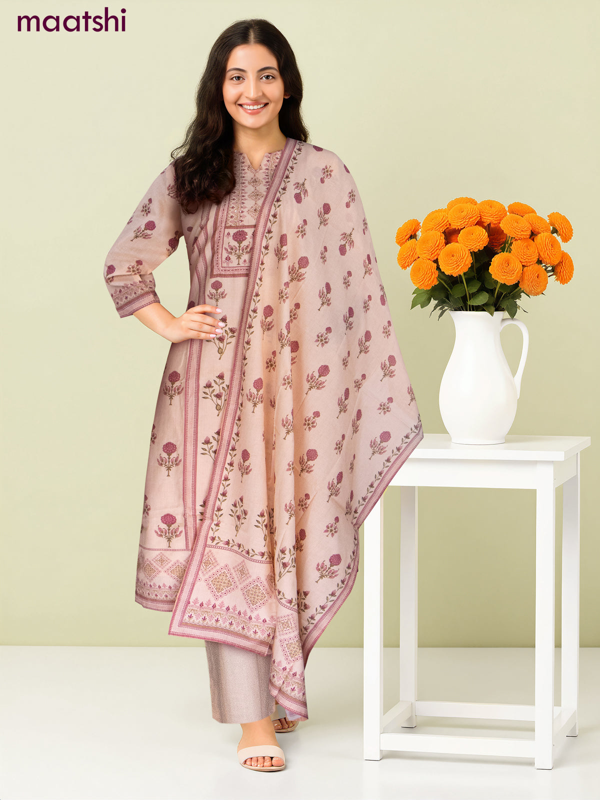 Cotton salwar suit peach shade with allover prints & beaded sequin work neck pattern and straight cut pant & dupatta