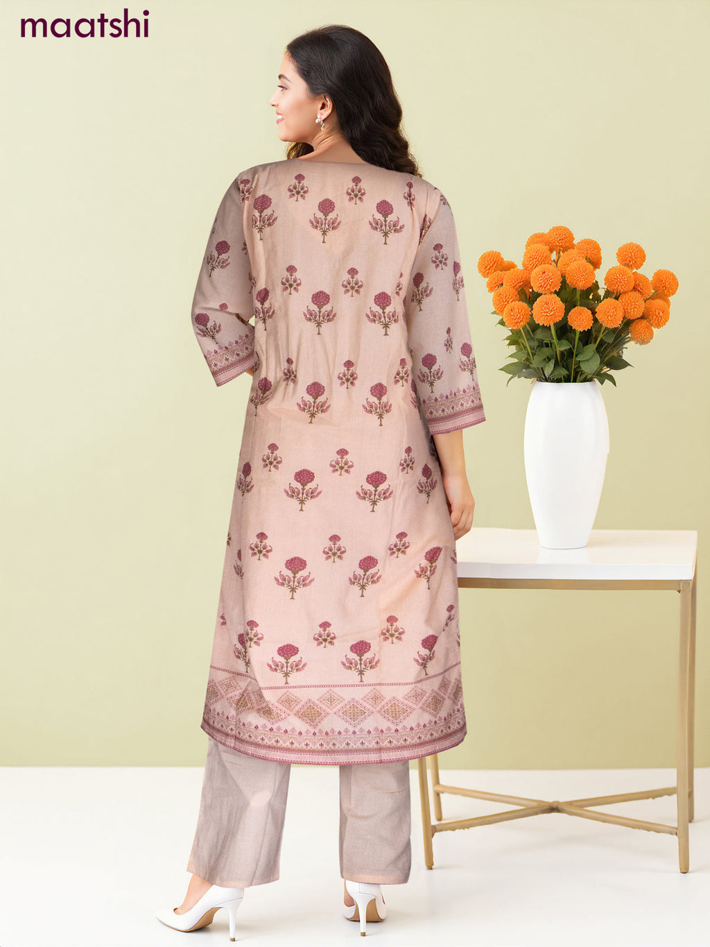 Cotton salwar suit peach shade with allover prints & beaded sequin work neck pattern and straight cut pant & dupatta