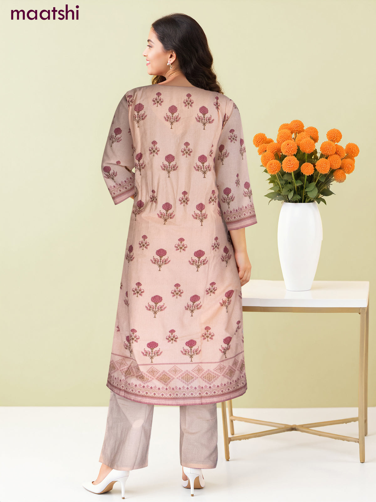 Cotton salwar suit peach shade with allover prints & beaded sequin work neck pattern and straight cut pant & dupatta