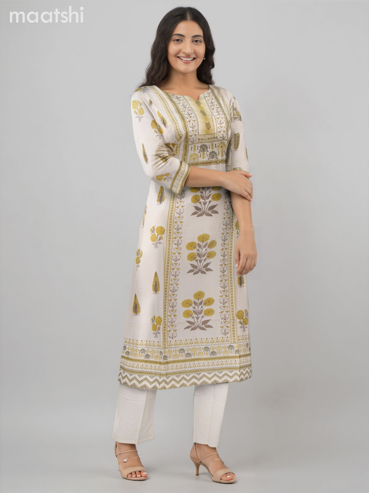 Cotton salwar suit beige with allover prints & beaded sequin work neck pattern and straight cut pant & dupatta