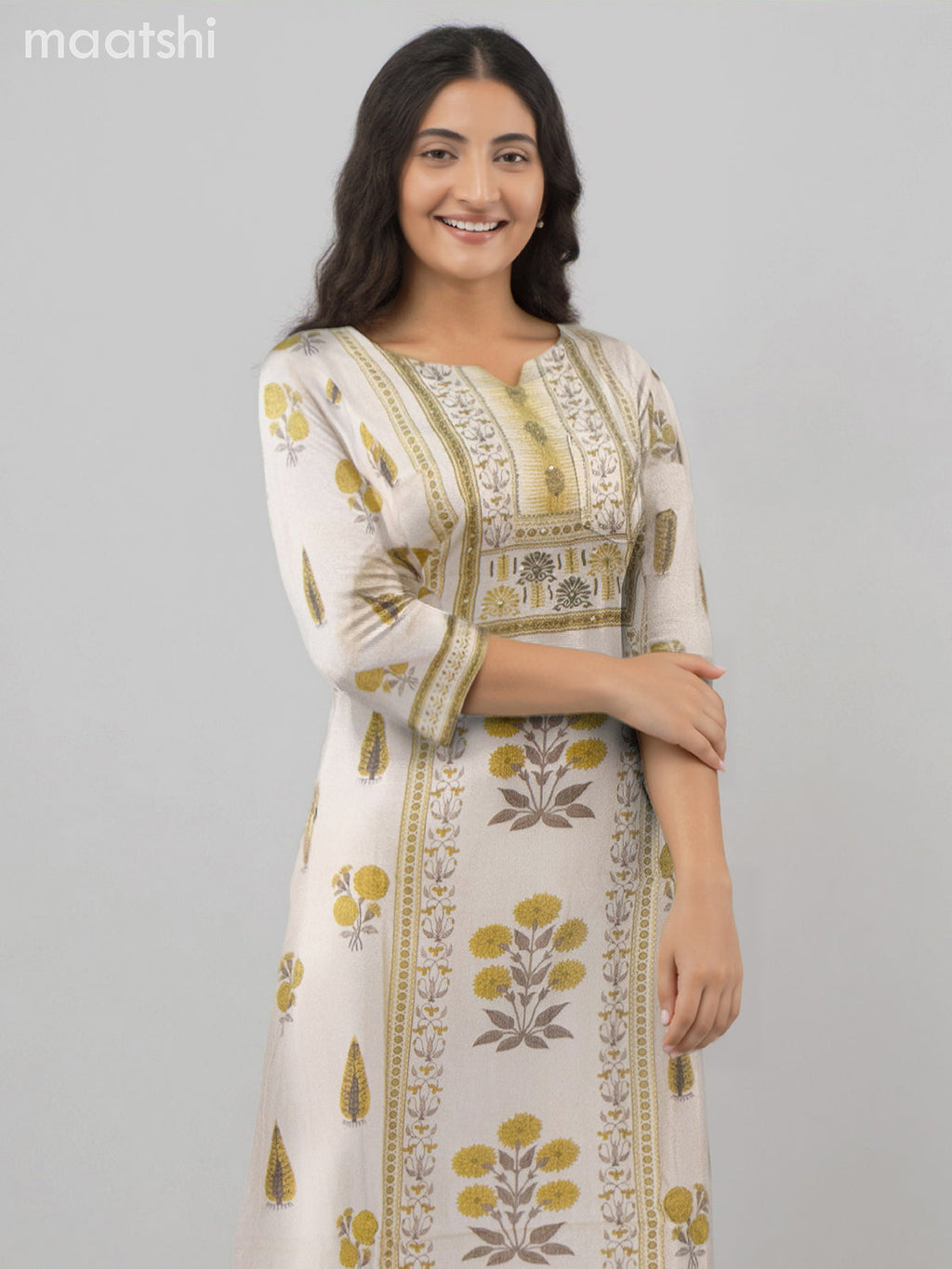 Cotton salwar suit beige with allover prints & beaded sequin work neck pattern and straight cut pant & dupatta