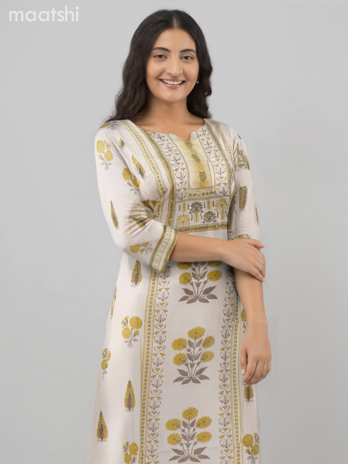 Cotton salwar suit beige with allover prints & beaded sequin work neck pattern and straight cut pant & dupatta