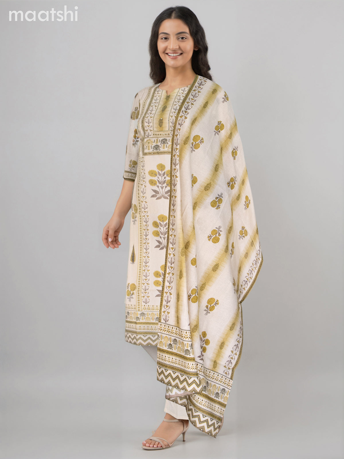 Cotton salwar suit beige with allover prints & beaded sequin work neck pattern and straight cut pant & dupatta