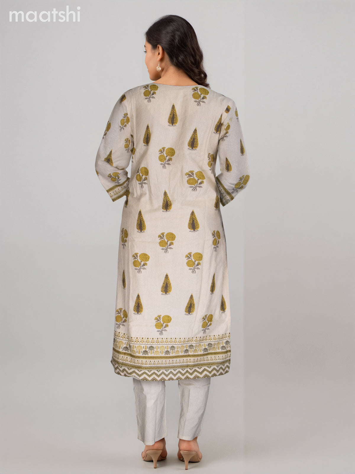 Cotton salwar suit beige with allover prints & beaded sequin work neck pattern and straight cut pant & dupatta