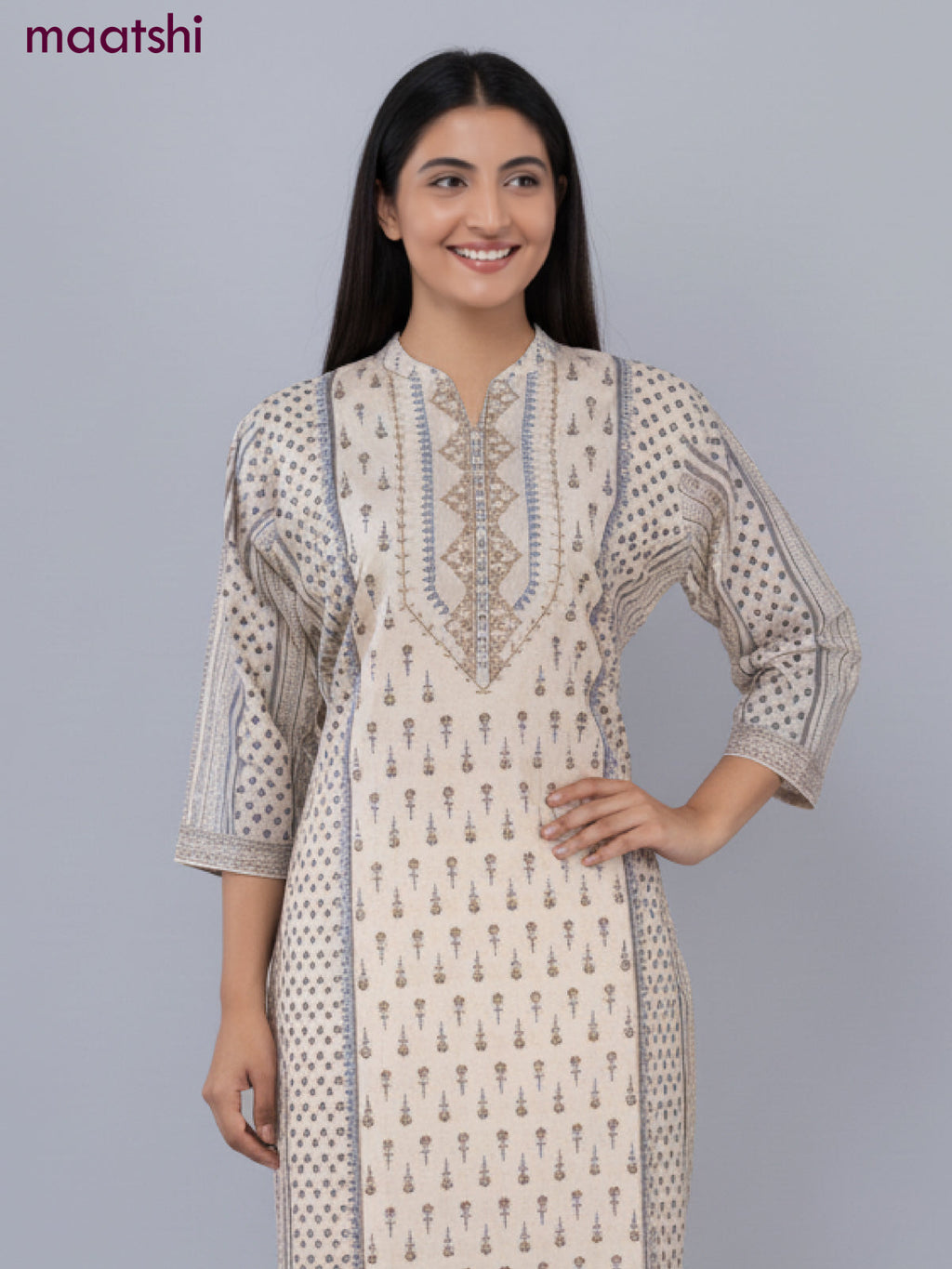 Cotton salwar suit beige with allover prints & beaded sequin work neck pattern and straight cut pant & dupatta
