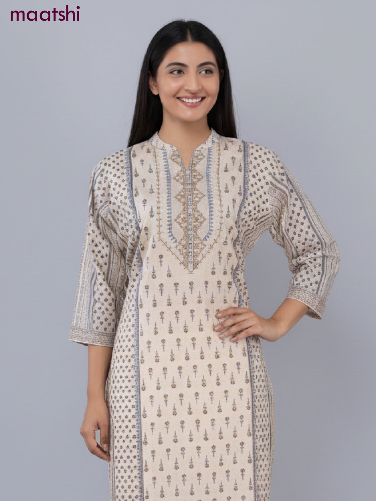 Cotton salwar suit beige with allover prints & beaded sequin work neck pattern and straight cut pant & dupatta