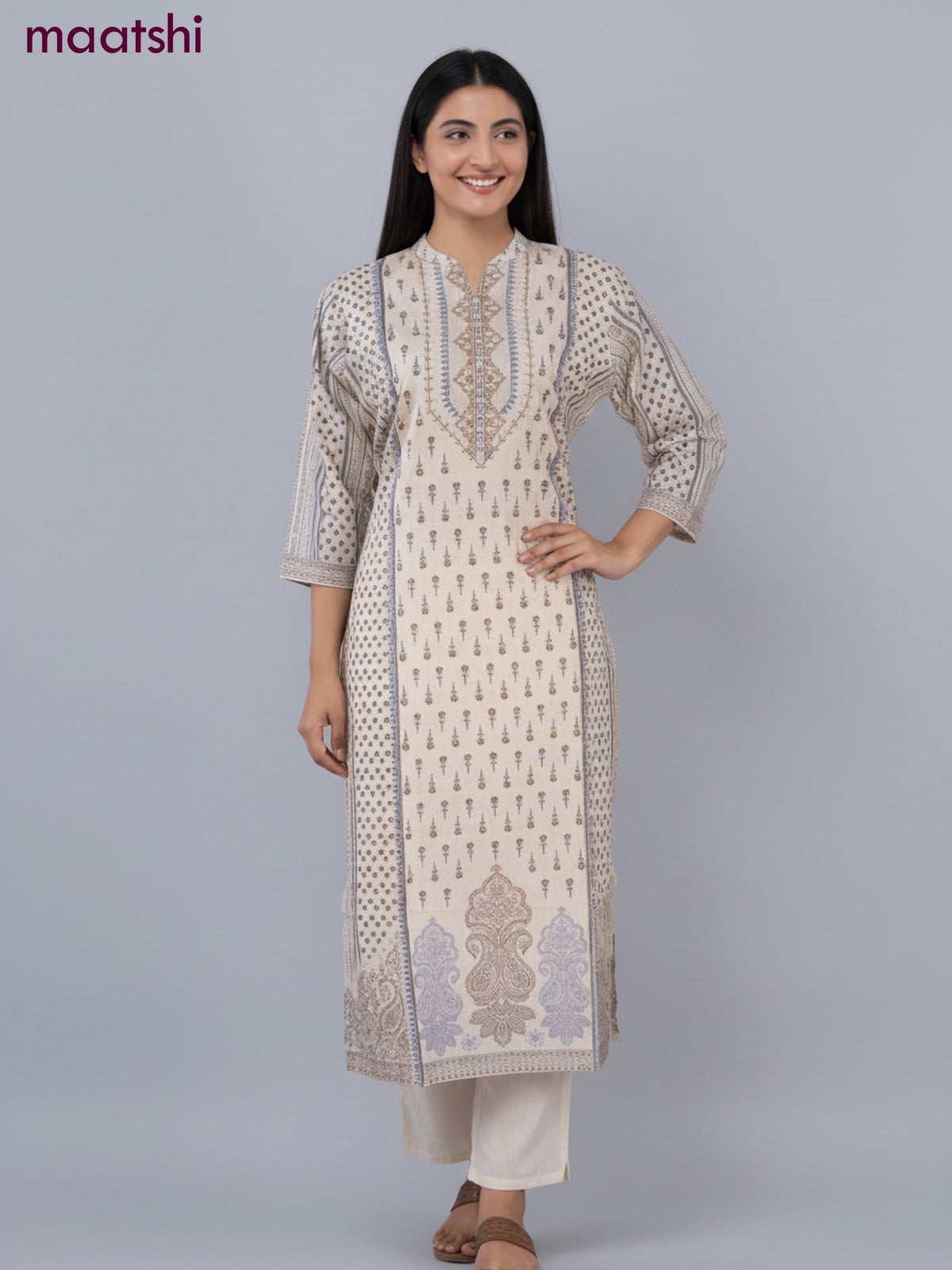 Cotton salwar suit beige with allover prints & beaded sequin work neck pattern and straight cut pant & dupatta