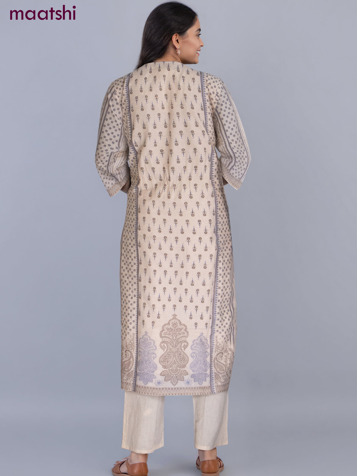 Cotton salwar suit beige with allover prints & beaded sequin work neck pattern and straight cut pant & dupatta