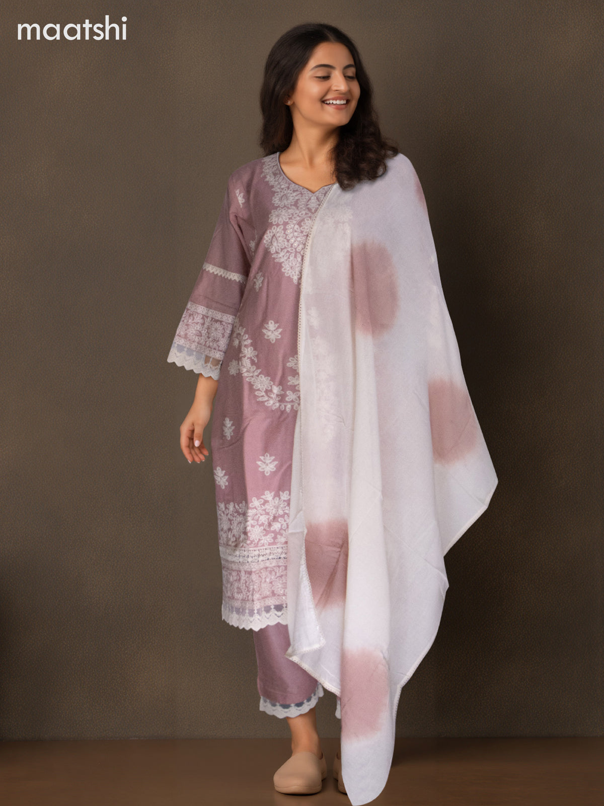 Cotton salwar suit pastel pink with beaded & embroidery sequin work neck pattern and straight cut pant & dupatta