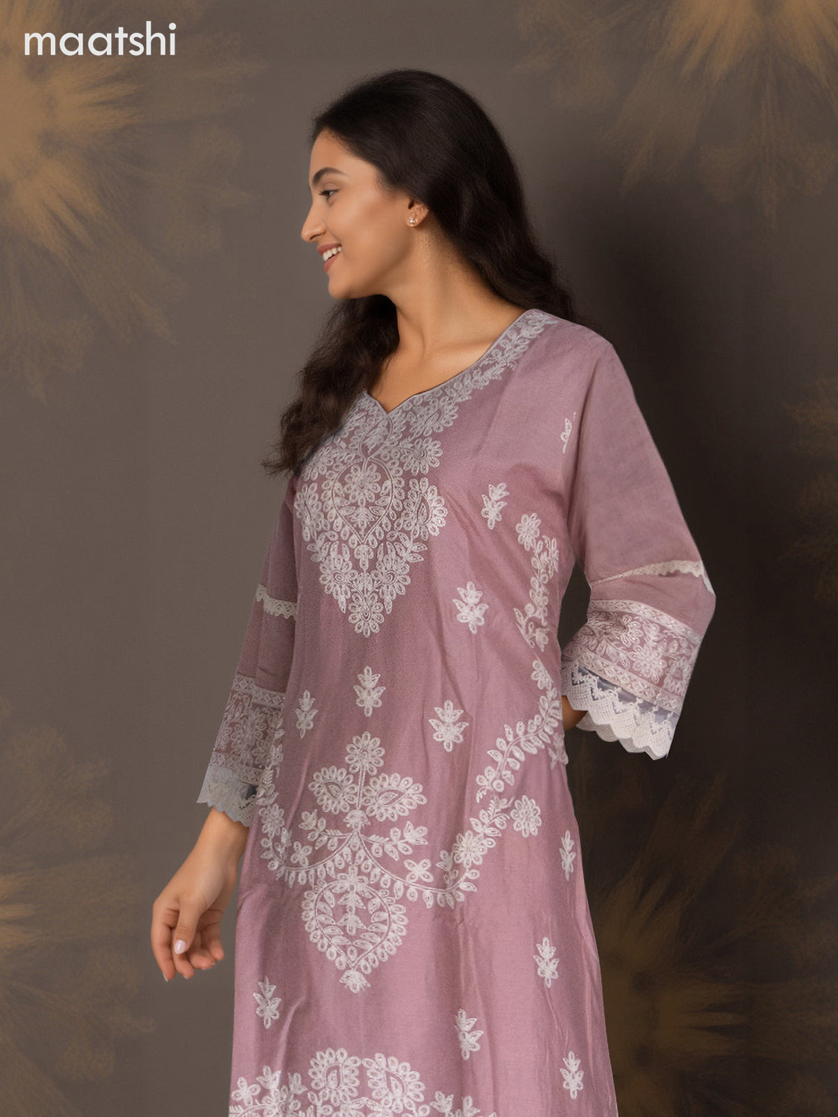 Cotton salwar suit pastel pink with beaded & embroidery sequin work neck pattern and straight cut pant & dupatta