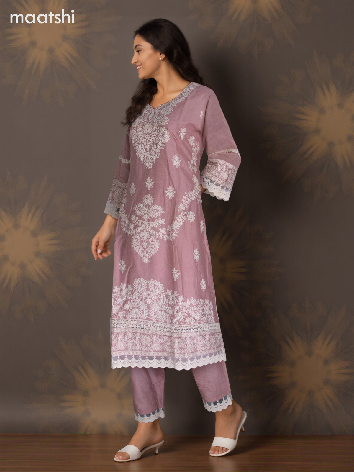 Cotton salwar suit pastel pink with beaded & embroidery sequin work neck pattern and straight cut pant & dupatta