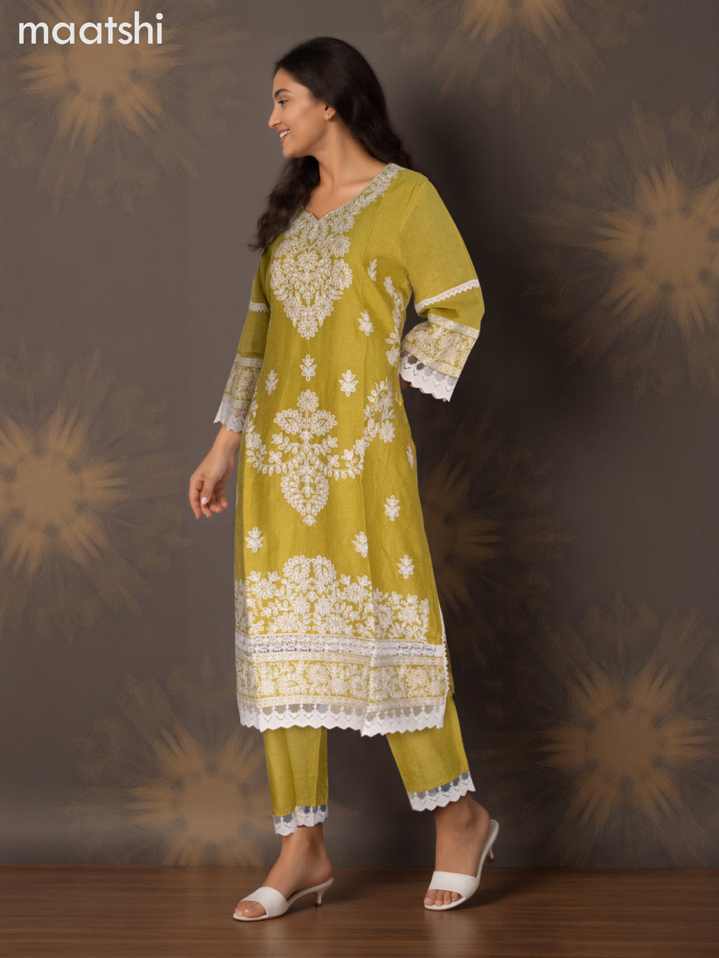 Cotton salwar suit lime green with beaded & embroidery sequin work neck pattern and straight cut pant & dupatta