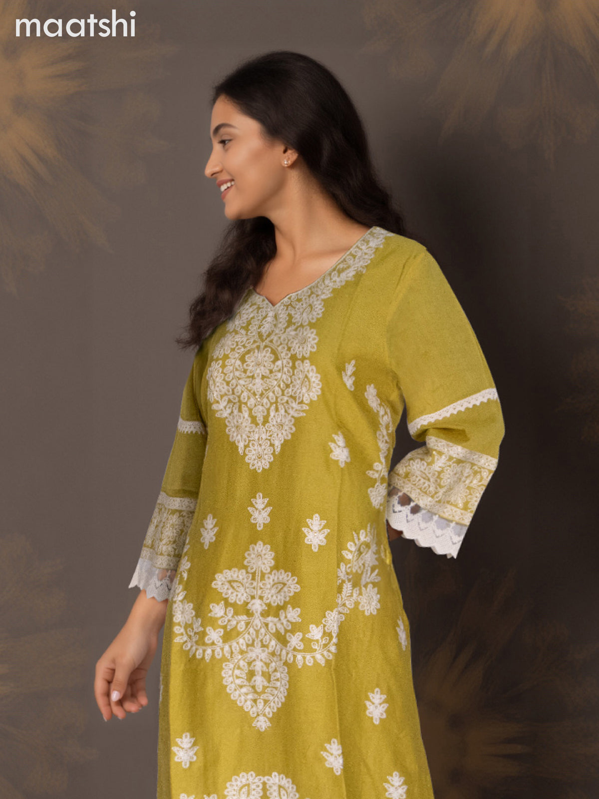 Cotton salwar suit lime green with beaded & embroidery sequin work neck pattern and straight cut pant & dupatta