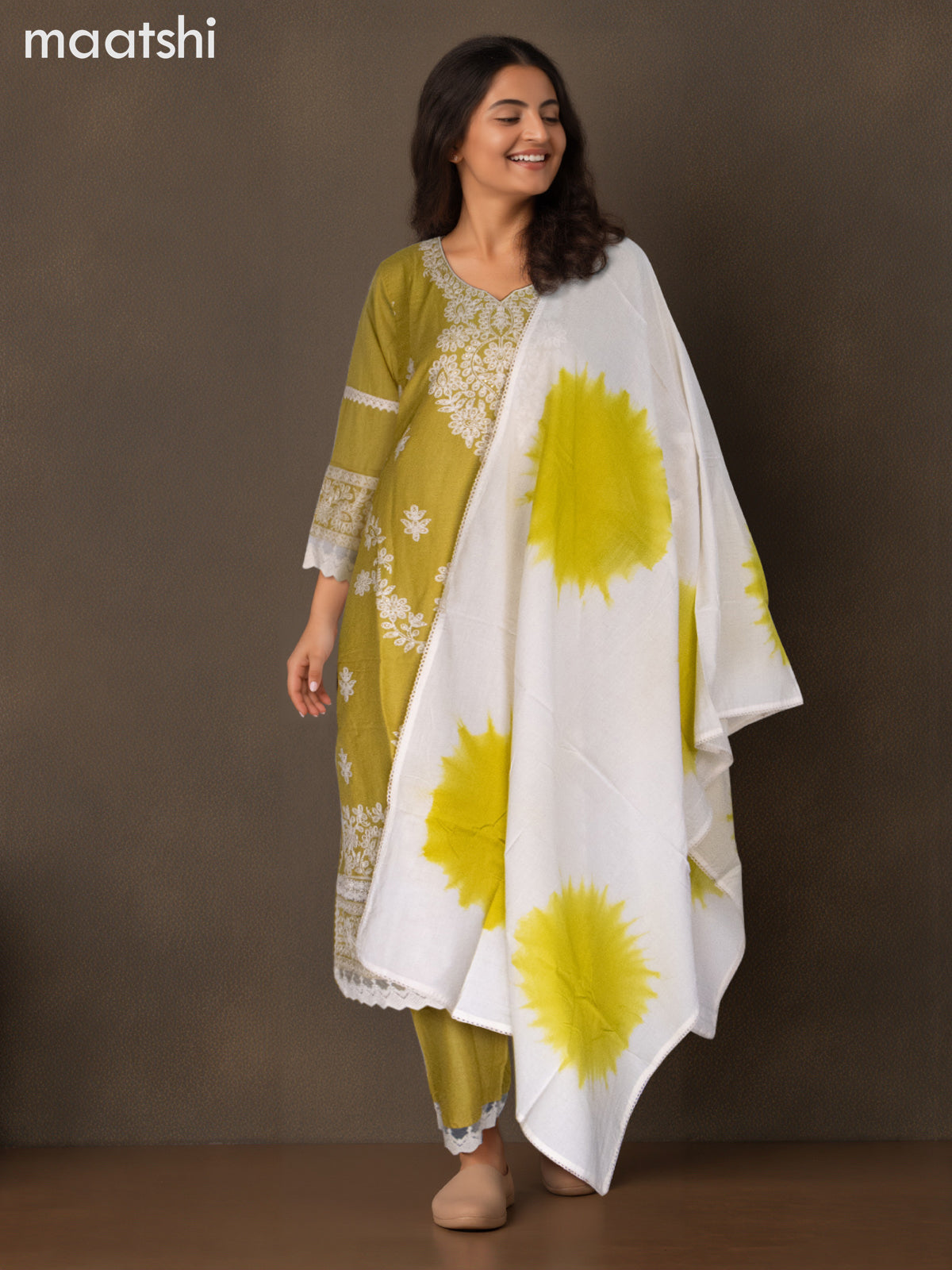 Cotton salwar suit lime green with beaded & embroidery sequin work neck pattern and straight cut pant & dupatta