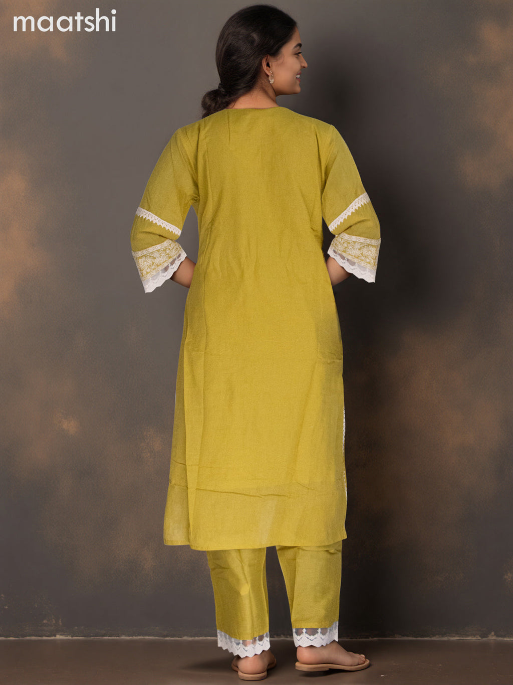 Cotton salwar suit lime green with beaded & embroidery sequin work neck pattern and straight cut pant & dupatta