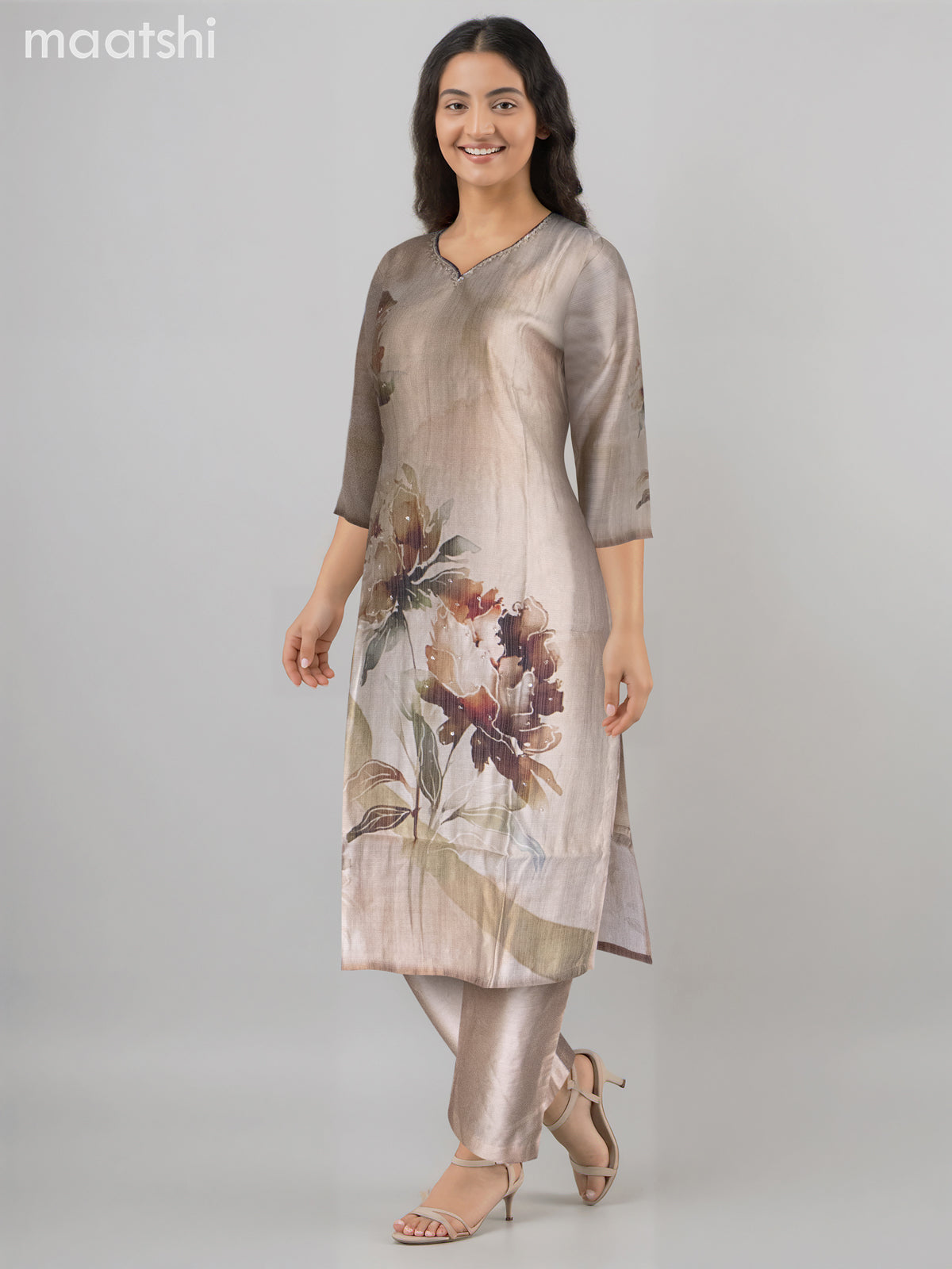 Chanderi salwar suit beige with allover prints & beaded sequin work neck pattern and straight cut pant & dupatta