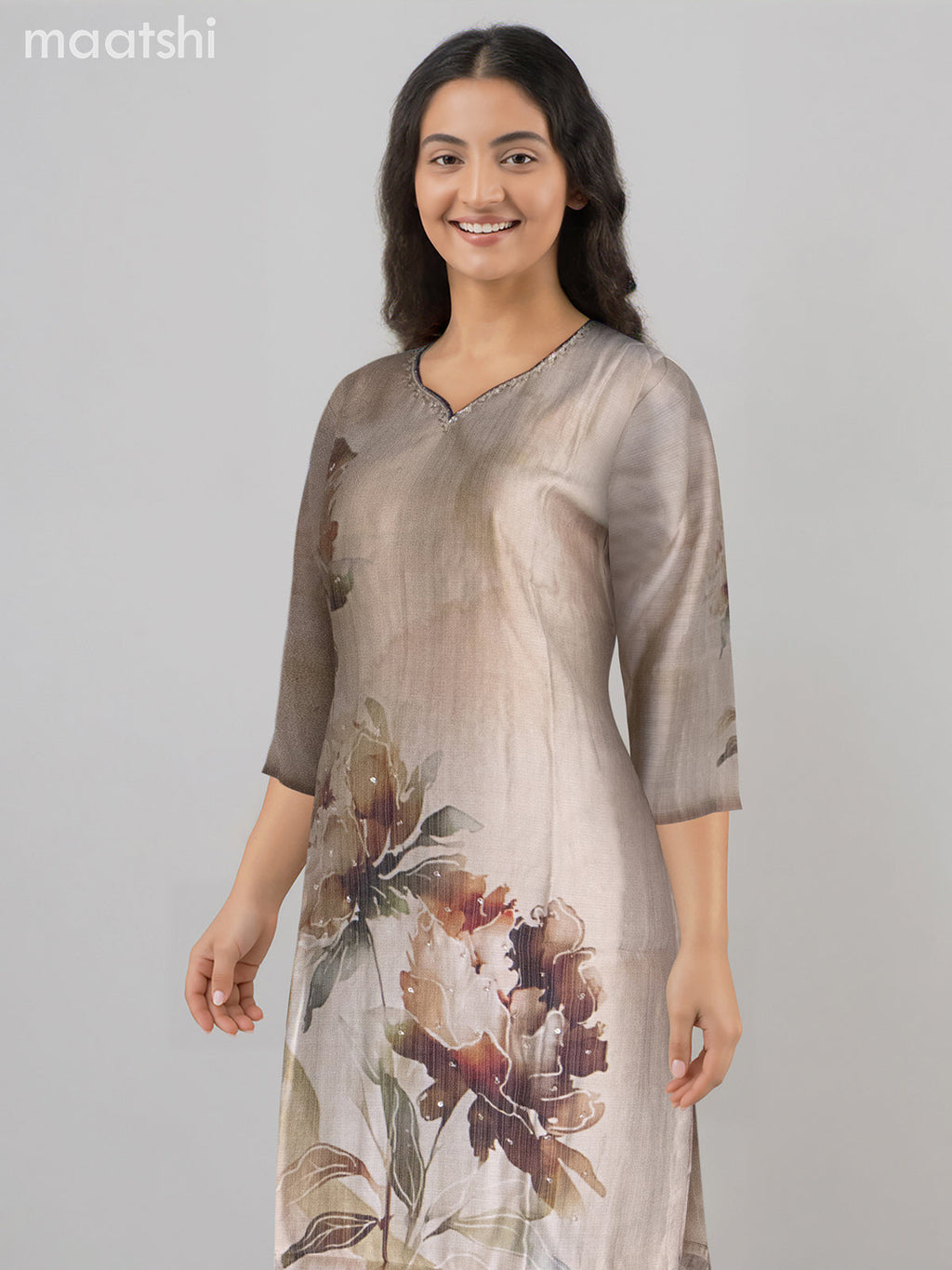 Chanderi salwar suit beige with allover prints & beaded sequin work neck pattern and straight cut pant & dupatta