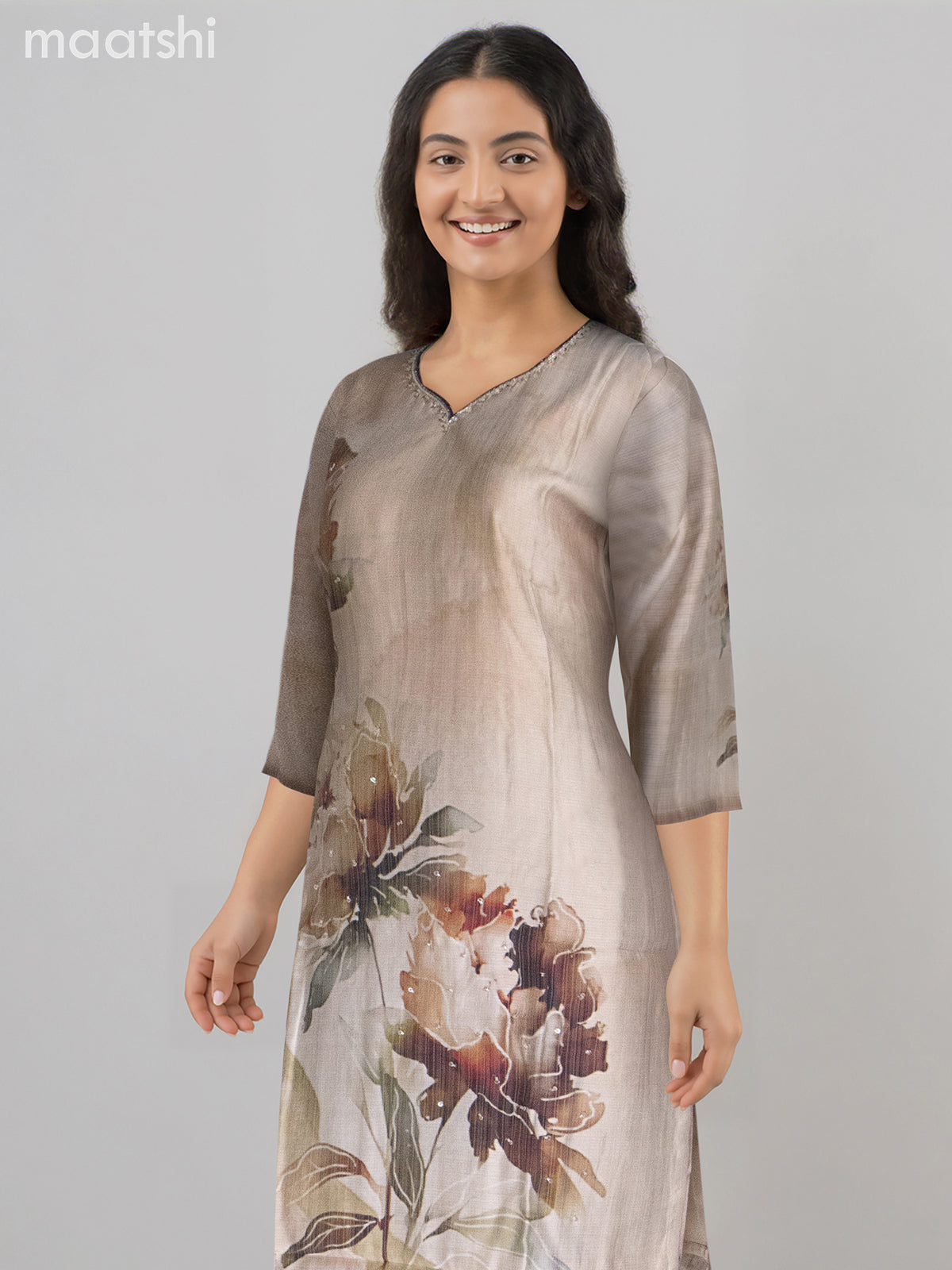 Chanderi salwar suit beige with allover prints & beaded sequin work neck pattern and straight cut pant & dupatta